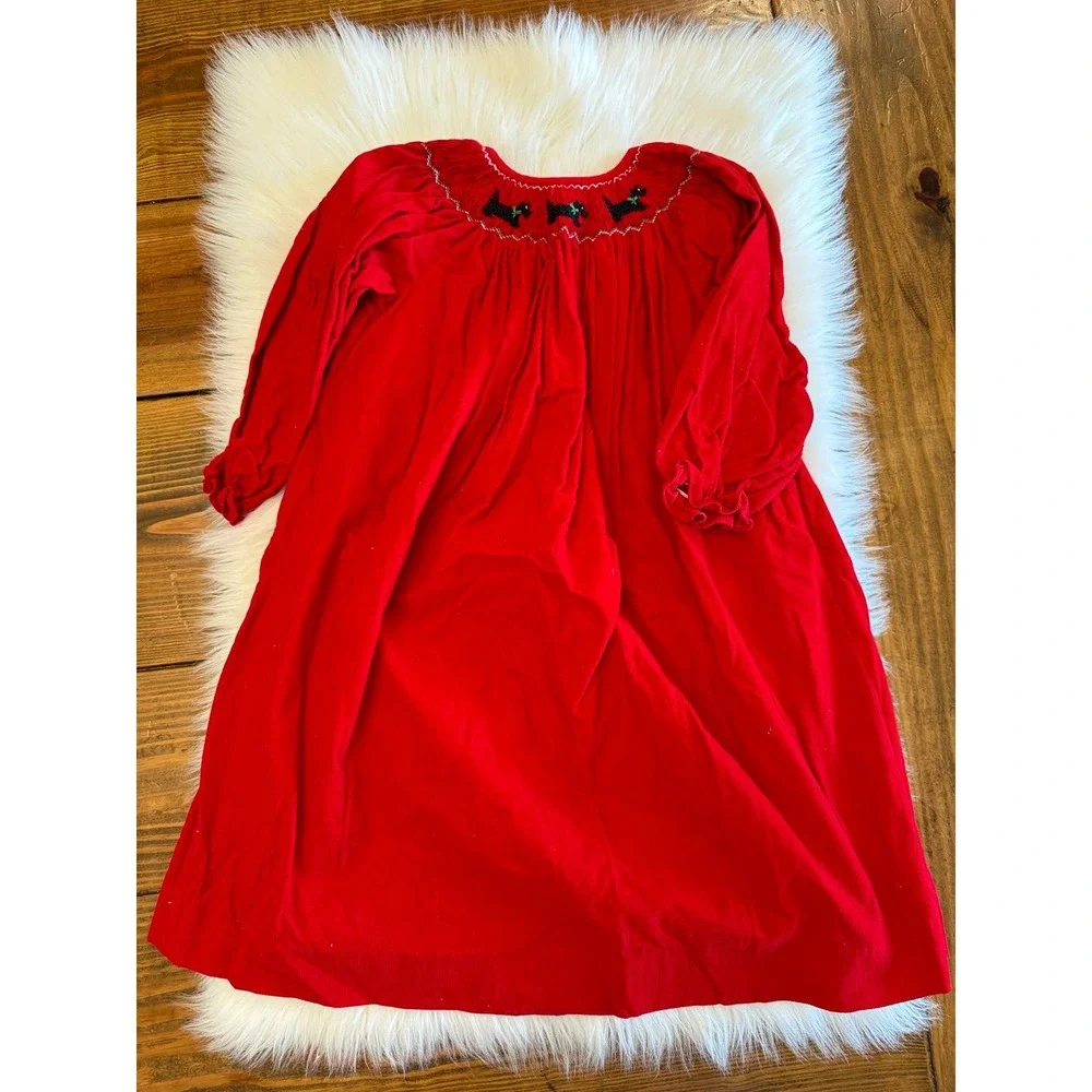 Red cord dress with Scottie dog smocking size 5 EUC‎